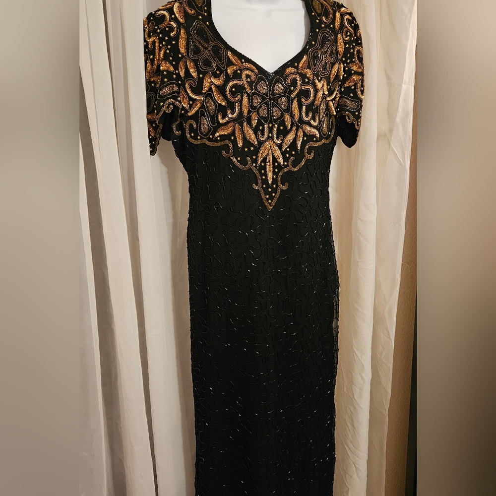 Vintage 1980s Laurence Kazar Black Gold Silk Floor Length Beaded Ball Gown Sz M